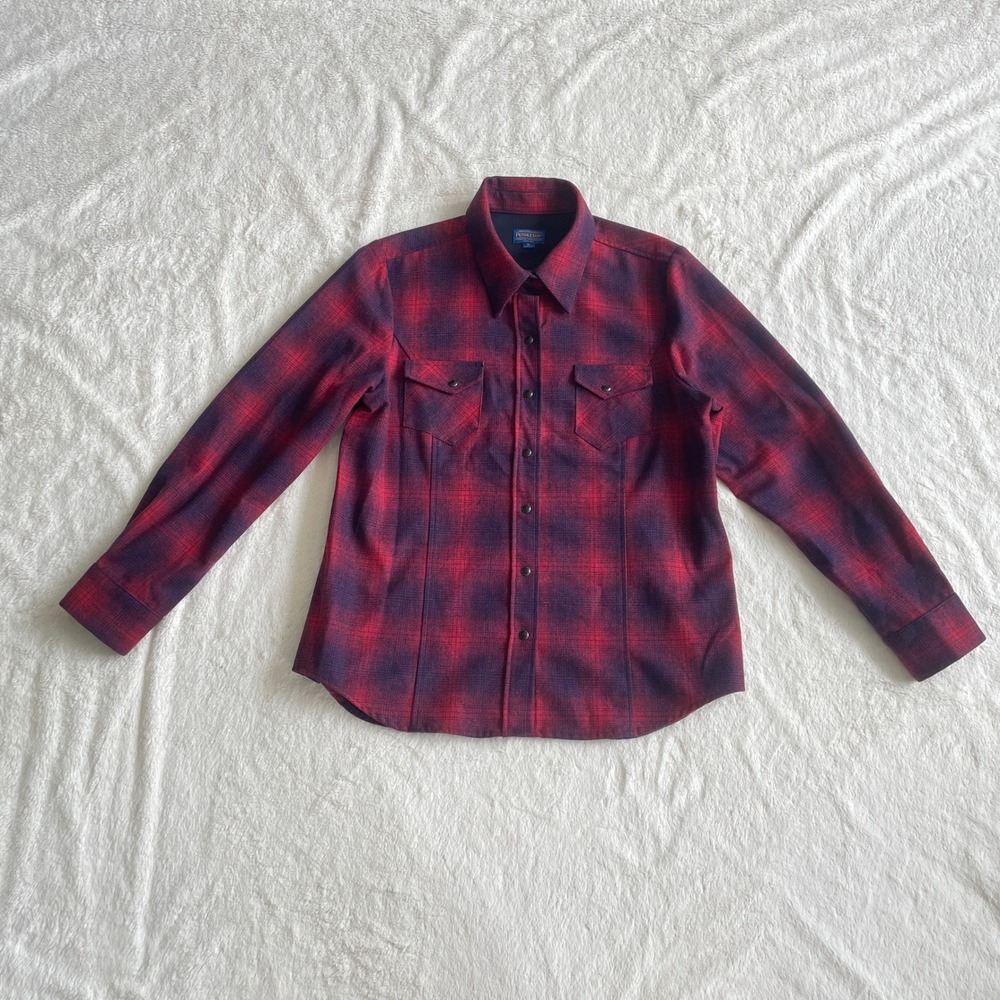 Pendleton Mens Made in USA Wool Pearl Snap Shadow‎ Plaid Shirt Red Navy Size XL